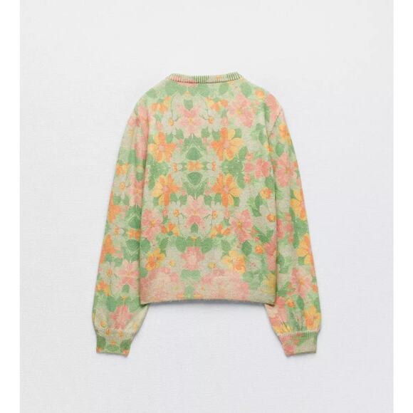 Zara Women's Multicolor Pearl Floral Print Knit Jacquard Cardigan Sweater Medium - Picture 2 of 11